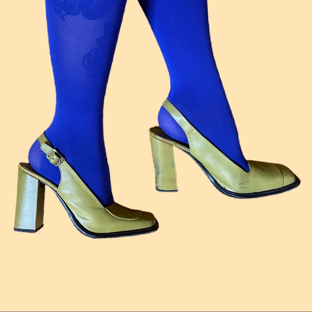 Olive green 70s style square toe heels